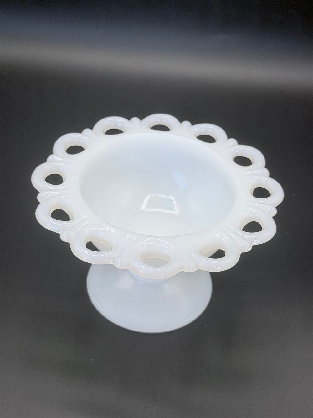 Vintage Anchor Hocking Old Colony Milk Glass Lace Edge Pedestal Compote Dish